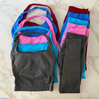 NO LOGO 2 Pcs Gym Set Women Backless Halter Tops High Waist Seamless Leggings Gym Suit Fitness Clothes Sportswear Workout Sets