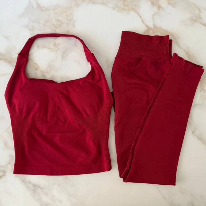 NO LOGO 2 Pcs Gym Set Women Backless Halter Tops High Waist Seamless Leggings Gym Suit Fitness Clothes Sportswear Workout Sets