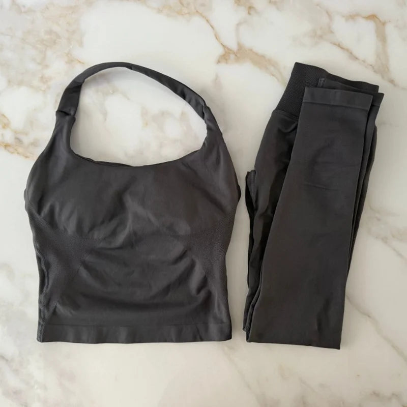 NO LOGO 2 Pcs Gym Set Women Backless Halter Tops High Waist Seamless Leggings Gym Suit Fitness Clothes Sportswear Workout Sets