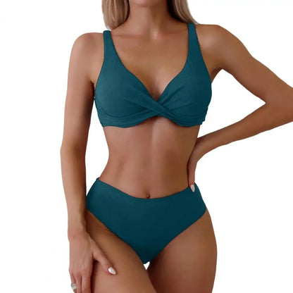 Sexy Swimsuit Ribbed V-neck Bikini Set with High Waist Swimming Trunks Sexy Summer Beachwear for Women Quick Drying Solid Color