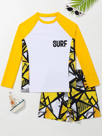 Boy Swimsuit 2026 New Solid And Print Long Sleeve Children Swimwear Summer Kids Beach Wear Shorts Swimming Bathing Suit For Men