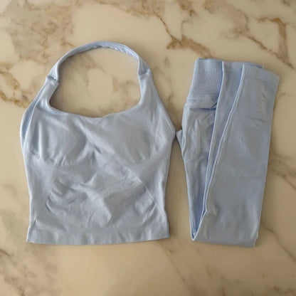 NO LOGO 2 Pcs Gym Set Women Backless Halter Tops High Waist Seamless Leggings Gym Suit Fitness Clothes Sportswear Workout Sets