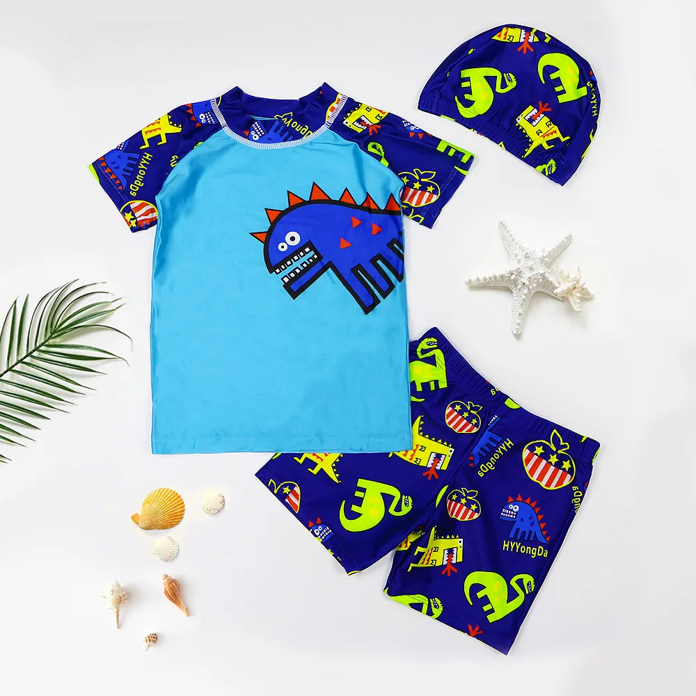 Summer New Beach Play Boys And Girls Neutral Swimsuit Suit Top + Pants + Swimming Cap Casual Cute Print Three-piece Set