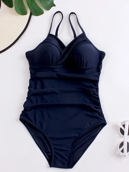 2025 Women Sports Pleated Bodysuit Summer Bather Bathing Push Up Solid Swimwear Female Swimming Beach Shoulder Strap Monokini