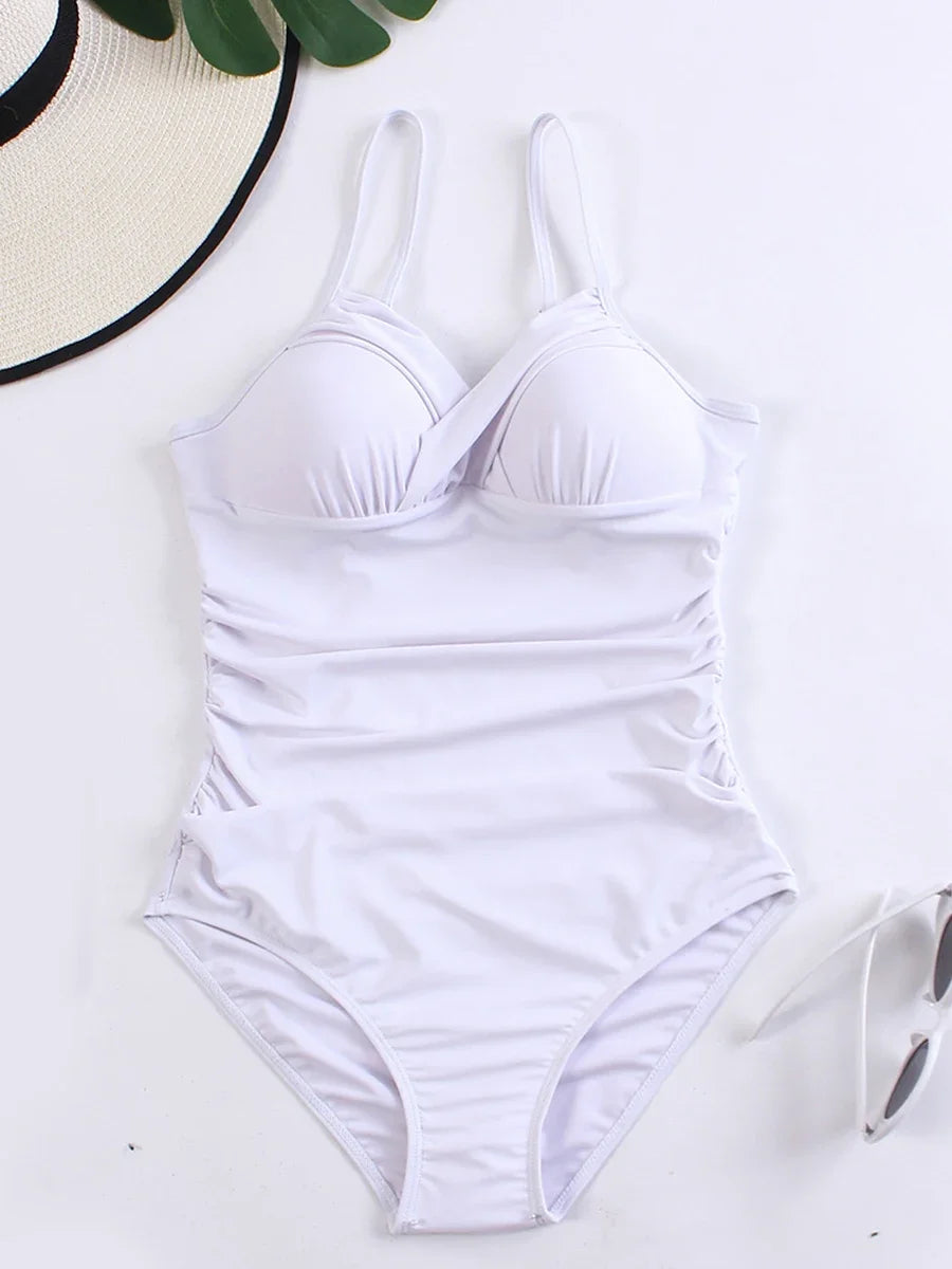 2025 Women Sports Pleated Bodysuit Summer Bather Bathing Push Up Solid Swimwear Female Swimming Beach Shoulder Strap Monokini