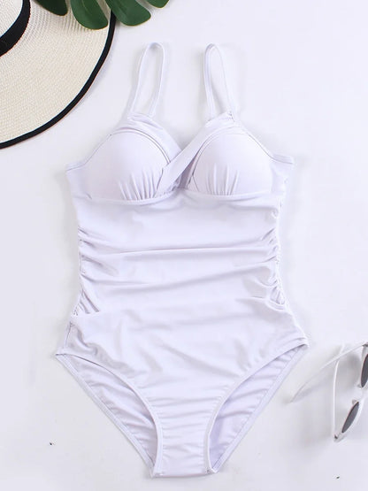 2025 Women Sports Pleated Bodysuit Summer Bather Bathing Push Up Solid Swimwear Female Swimming Beach Shoulder Strap Monokini