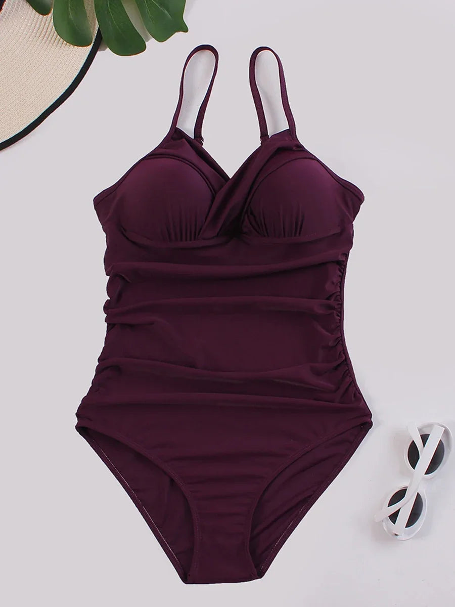 2025 Women Sports Pleated Bodysuit Summer Bather Bathing Push Up Solid Swimwear Female Swimming Beach Shoulder Strap Monokini