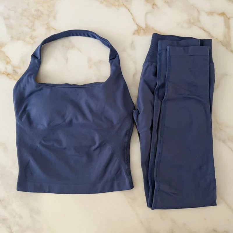 NO LOGO 2 Pcs Gym Set Women Backless Halter Tops High Waist Seamless Leggings Gym Suit Fitness Clothes Sportswear Workout Sets