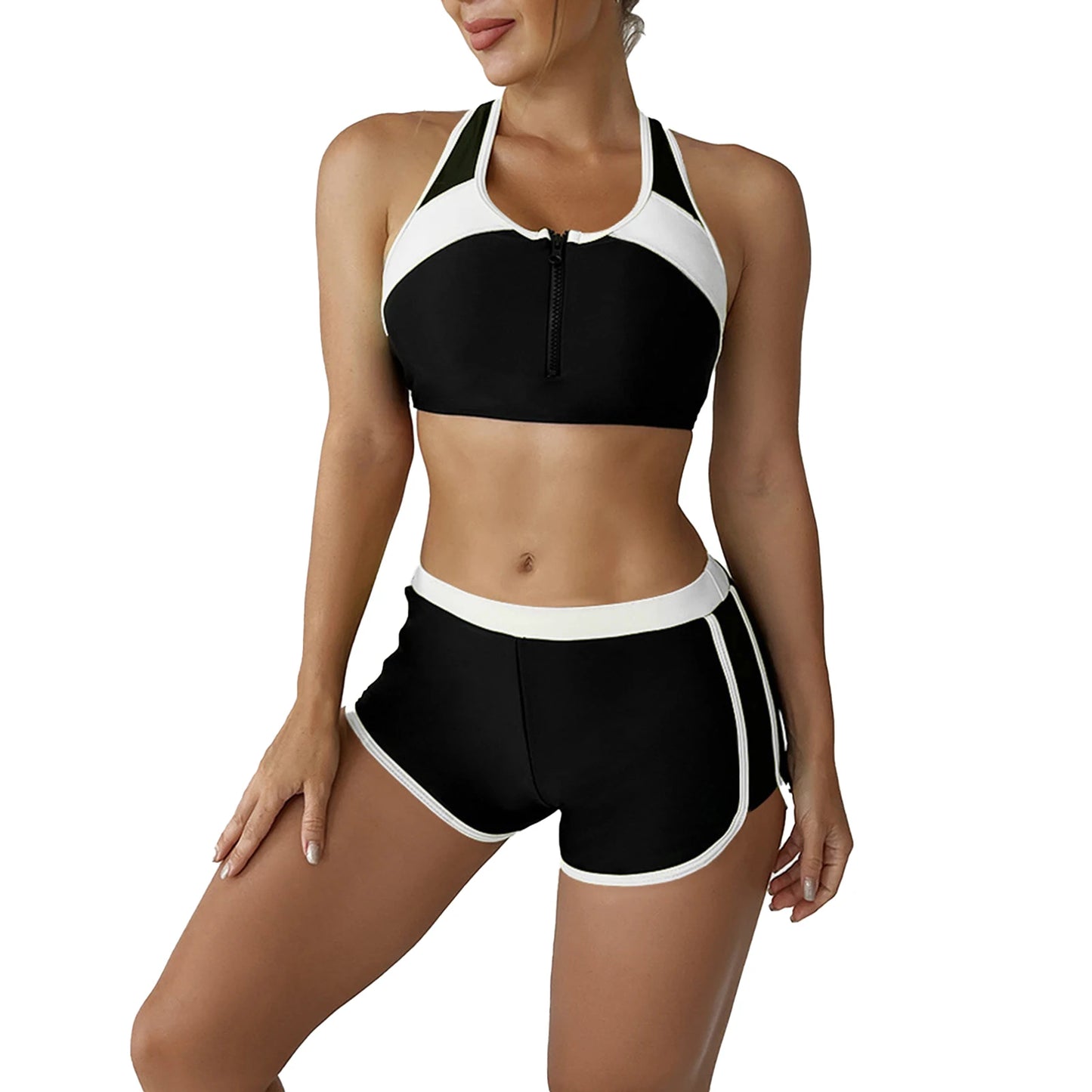 Women's Swimsuit Two Pieces Gymnastic Swimming Suit Sleeveless Front Zipper Sport Bra Crop Vest Tank Top Shorts Set Tracksuit