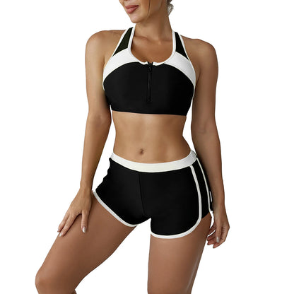 Women's Swimsuit Two Pieces Gymnastic Swimming Suit Sleeveless Front Zipper Sport Bra Crop Vest Tank Top Shorts Set Tracksuit