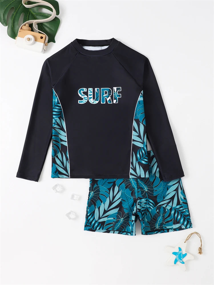 Boy Swimsuit 2026 New Solid And Print Long Sleeve Children Swimwear Summer Kids Beach Wear Shorts Swimming Bathing Suit For Men