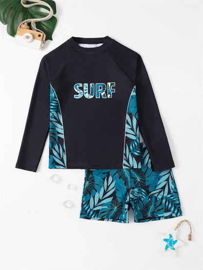 Boy Swimsuit 2026 New Solid And Print Long Sleeve Children Swimwear Summer Kids Beach Wear Shorts Swimming Bathing Suit For Men