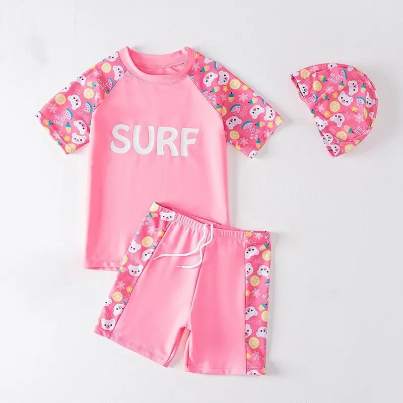 Summer New Beach Play Boys And Girls Neutral Swimsuit Suit Top + Pants + Swimming Cap Casual Cute Print Three-piece Set
