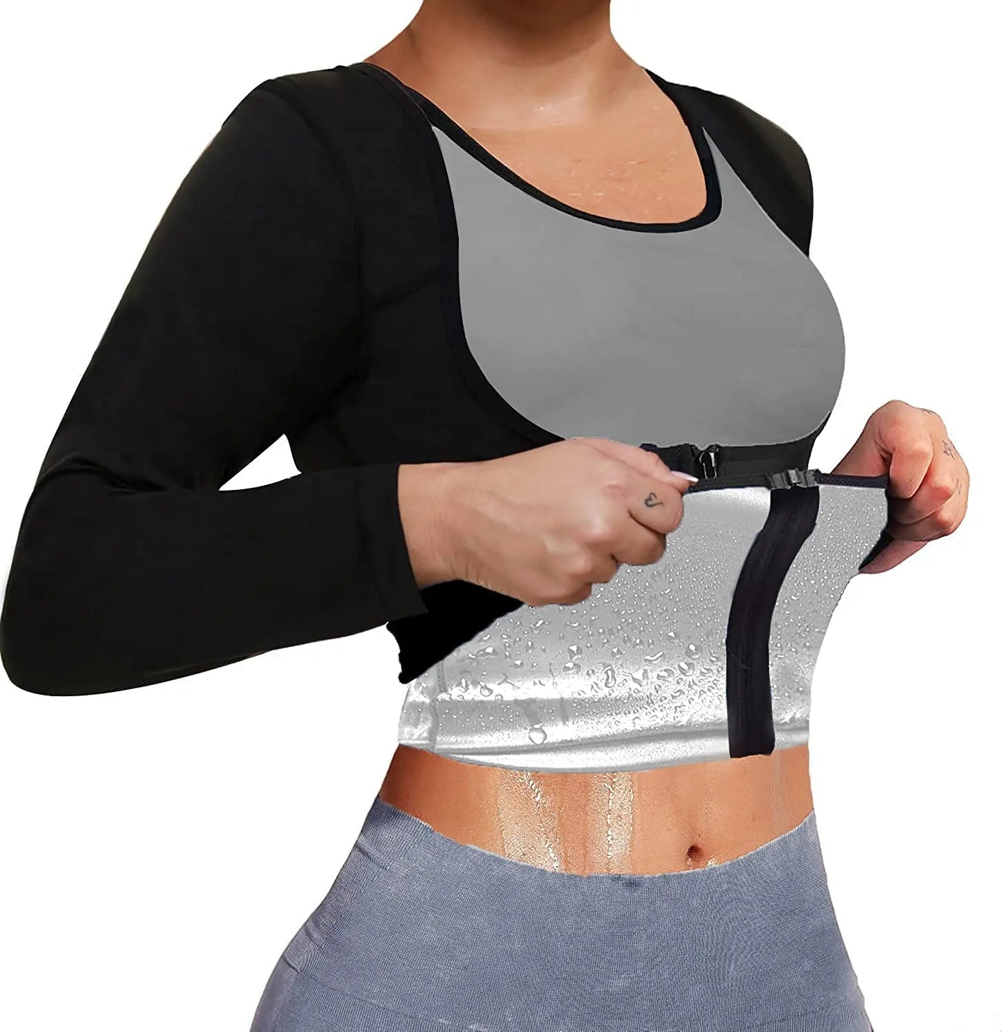 Sauna Suit for Women Weight Loss Sweat Jacket Long Sleeve Body Shaper Fitness Zipper Workout Shirts Slimming Waist Trainer