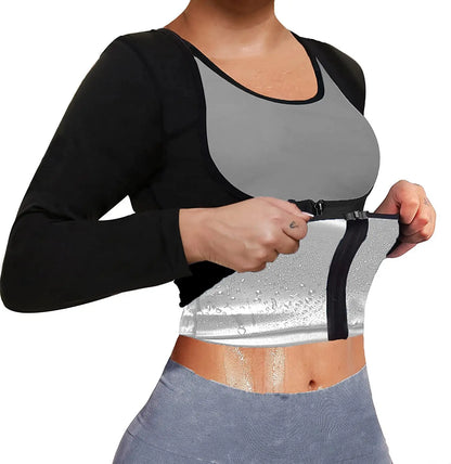 Sauna Suit for Women Weight Loss Sweat Jacket Long Sleeve Body Shaper Fitness Zipper Workout Shirts Slimming Waist Trainer