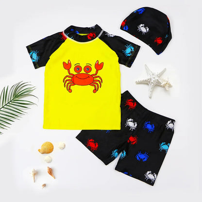 Summer New Beach Play Boys And Girls Neutral Swimsuit Suit Top + Pants + Swimming Cap Casual Cute Print Three-piece Set