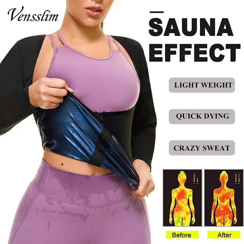 Sauna Suit for Women Weight Loss Sweat Jacket Long Sleeve Body Shaper Fitness Zipper Workout Shirts Slimming Waist Trainer