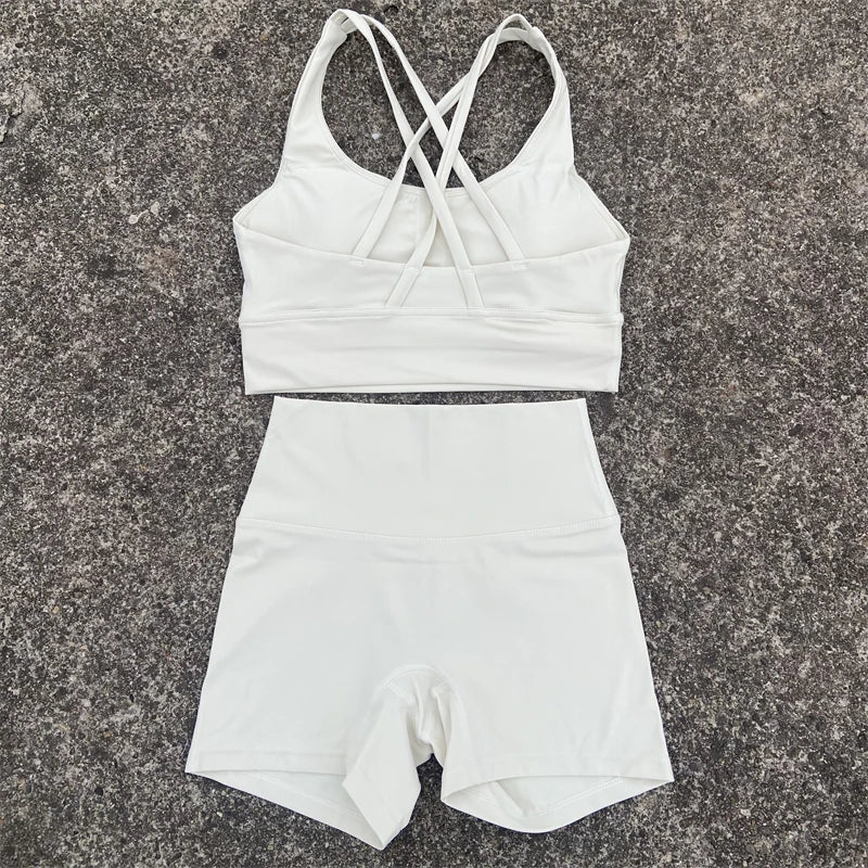Yoga Clothes Set 2 Piece Gym Sports Shorts Set Women Cross Back Bra Top High Waist Shorts Fitness Suit Running Workout Tracksuit