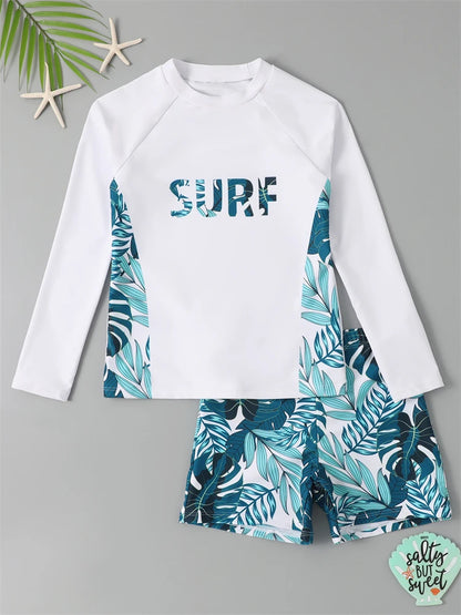 Boy Swimsuit 2026 New Solid And Print Long Sleeve Children Swimwear Summer Kids Beach Wear Shorts Swimming Bathing Suit For Men