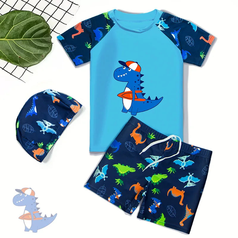 Summer New Beach Play Boys And Girls Neutral Swimsuit Suit Top + Pants + Swimming Cap Casual Cute Print Three-piece Set