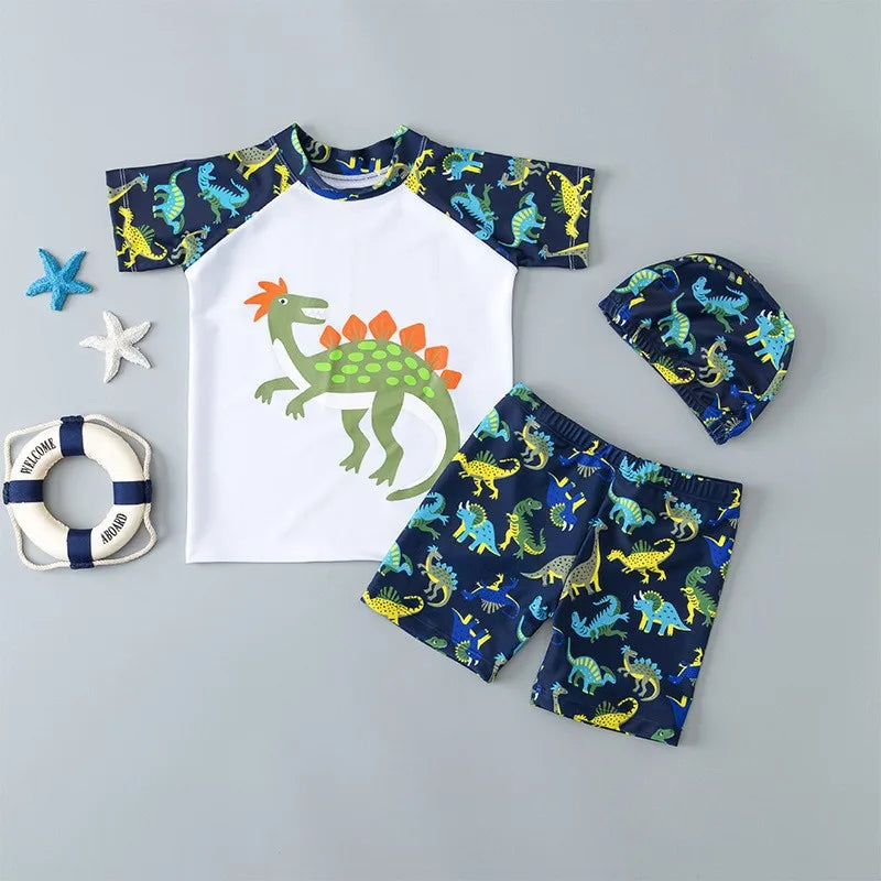 Summer New Beach Play Boys And Girls Neutral Swimsuit Suit Top + Pants + Swimming Cap Casual Cute Print Three-piece Set