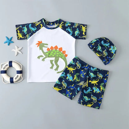 Summer New Beach Play Boys And Girls Neutral Swimsuit Suit Top + Pants + Swimming Cap Casual Cute Print Three-piece Set