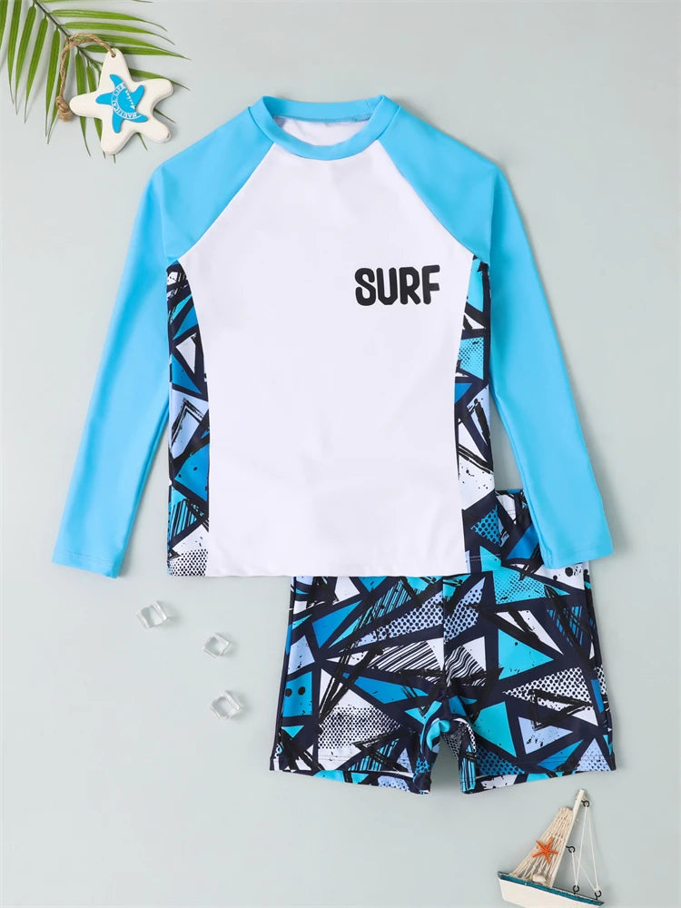 Boy Swimsuit 2026 New Solid And Print Long Sleeve Children Swimwear Summer Kids Beach Wear Shorts Swimming Bathing Suit For Men