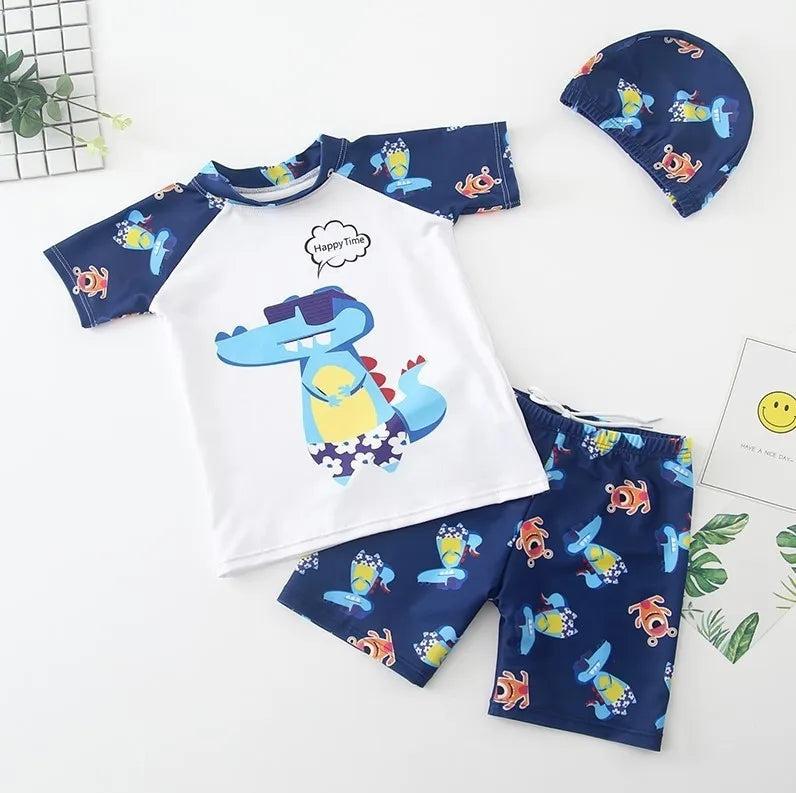Summer New Beach Play Boys And Girls Neutral Swimsuit Suit Top + Pants + Swimming Cap Casual Cute Print Three-piece Set