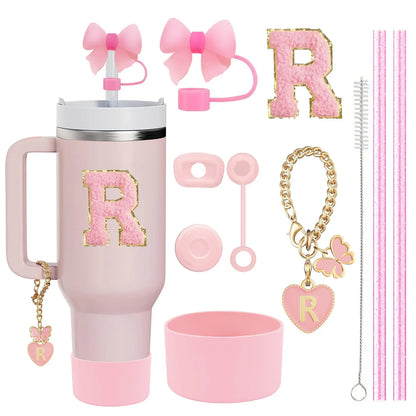 10PCS Accessories Set for Stanley Cup, 2 Straw and Brush and 1 Flower Charm Chain 3 Spill Proof Stopper Flowers Straw Cover Boot