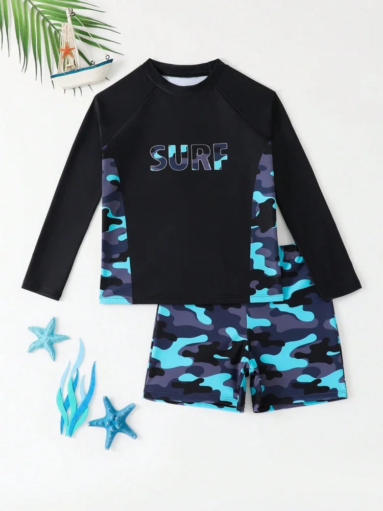 Boy Swimsuit 2026 New Solid And Print Long Sleeve Children Swimwear Summer Kids Beach Wear Shorts Swimming Bathing Suit For Men