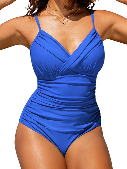 2025 Women Sports Pleated Bodysuit Summer Bather Bathing Push Up Solid Swimwear Female Swimming Beach Shoulder Strap Monokini