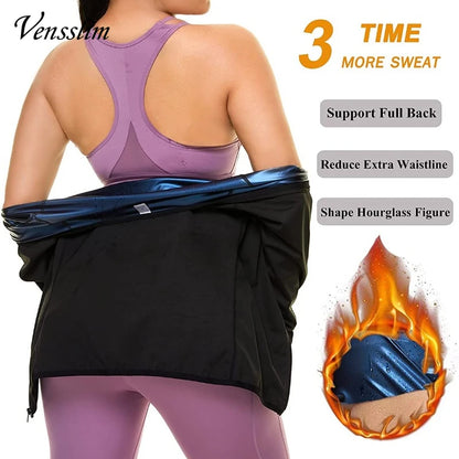 Sauna Suit for Women Weight Loss Sweat Jacket Long Sleeve Body Shaper Fitness Zipper Workout Shirts Slimming Waist Trainer