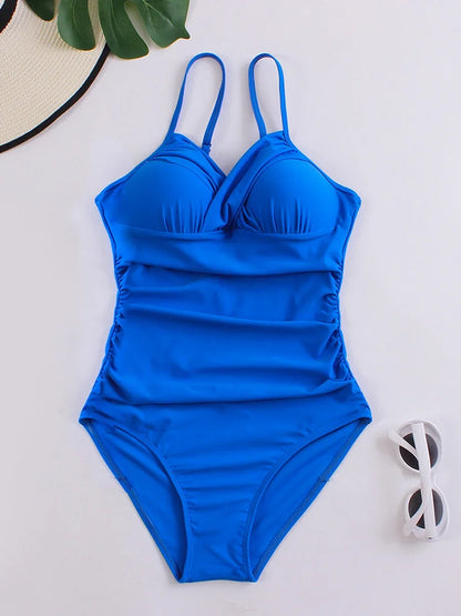 2025 Women Sports Pleated Bodysuit Summer Bather Bathing Push Up Solid Swimwear Female Swimming Beach Shoulder Strap Monokini