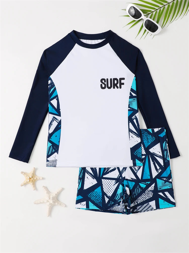 Boy Swimsuit 2026 New Solid And Print Long Sleeve Children Swimwear Summer Kids Beach Wear Shorts Swimming Bathing Suit For Men