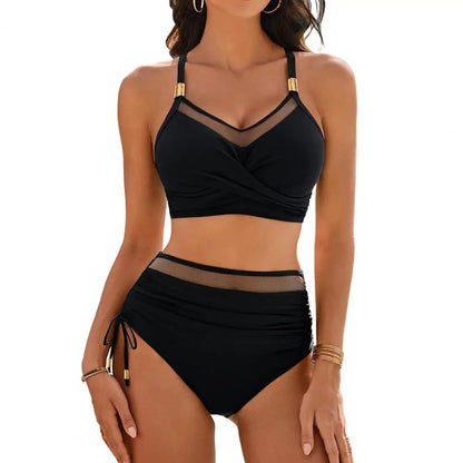 2Pcs/Set Women Summer Bikini Set V-Neck Sling Padeded Bra High Waist Side Drawstring Swimming Trunks Suit  Two-piece Swimsuit