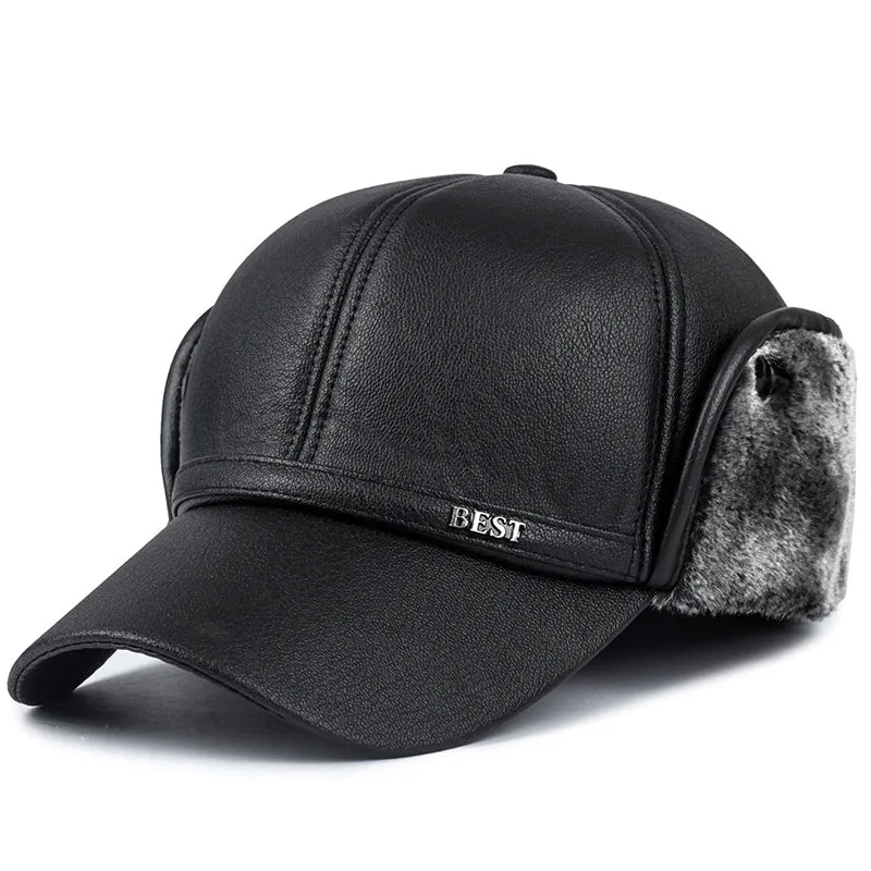 Winter New Men's Hat Imitation Leather Baseball Cap, Fashion Ear Protection Cap, Cap, Winter Outdoor Warm Hat, Elderly Hat