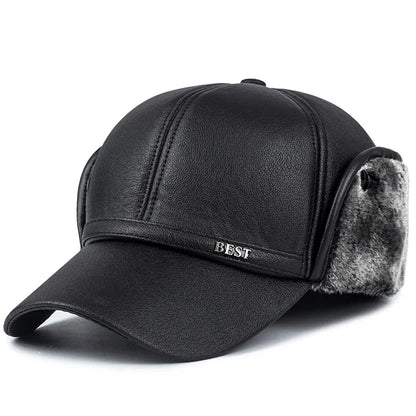 Winter New Men's Hat Imitation Leather Baseball Cap, Fashion Ear Protection Cap, Cap, Winter Outdoor Warm Hat, Elderly Hat