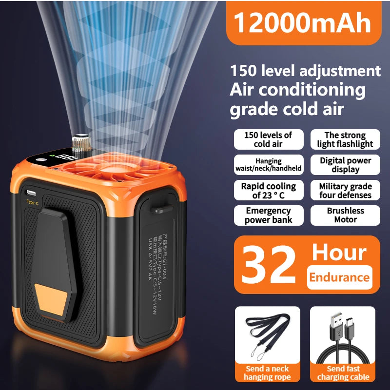 Mini high-speed waist fan, bladeless USB hanging neck fan, outdoor multifunctional mobile power lighting digital display fan